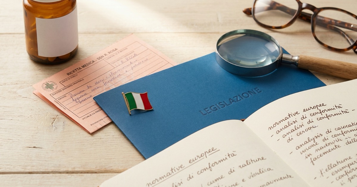 Confezione di farmaco con punto interrogativo su sfondo bandiera italiana, simbolo della domanda 'perché Adderall non è disponibile in Italia'