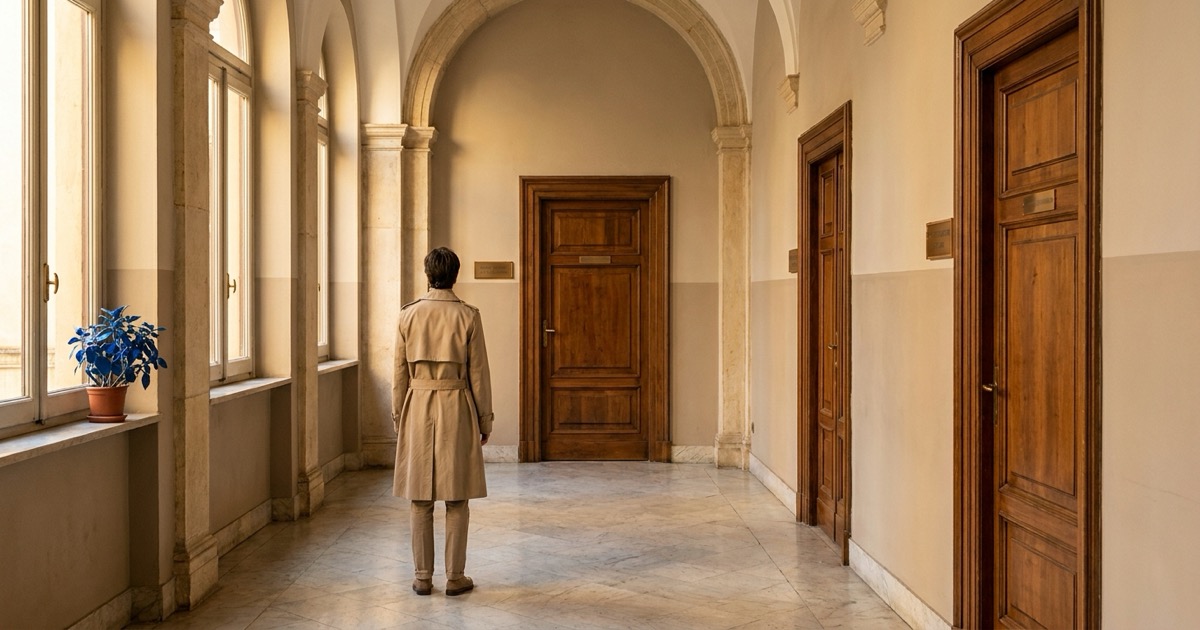 Tre porte affiancate con targhe professionali (psichiatra, neuropsichiatra, psicologo clinico), simbolo della scelta del professionista giusto per ADHD adulti