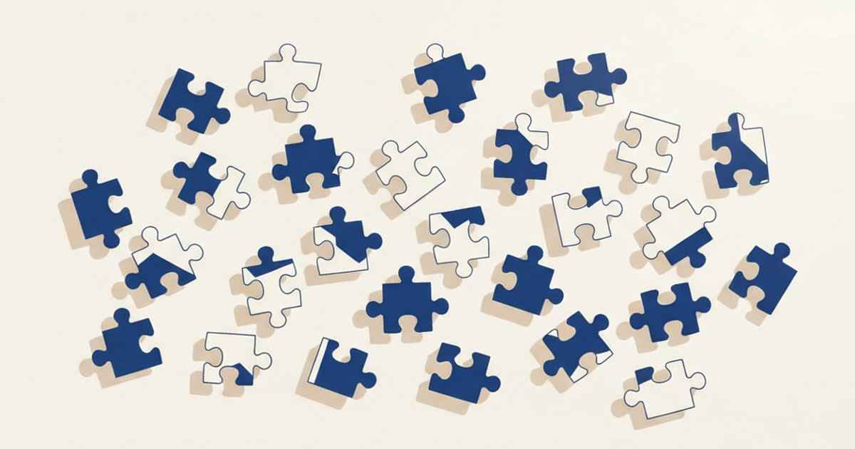 Pezzi di puzzle dispersi che simboleggiano l'impatto frammentato dell'ADHD sulla qualità della vita