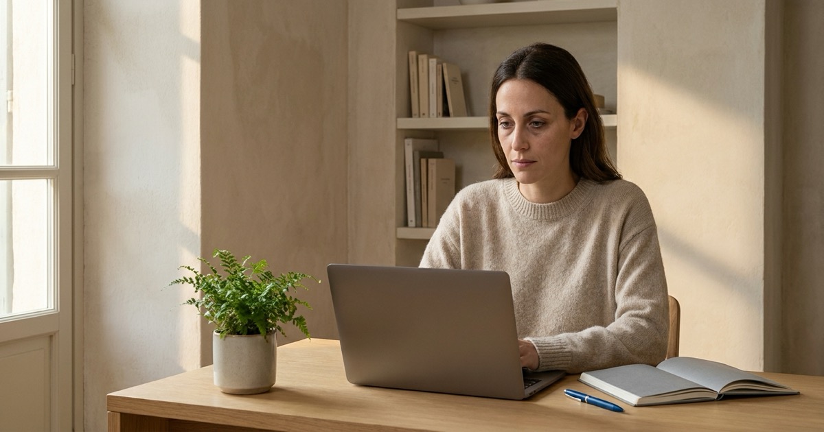 Donna adulta che lavora con apparente calma a una scrivania ordinata, mentre dietro di lei una zona ombrosa simboleggia la fatica nascosta dell'ADHD ad alto funzionamento
