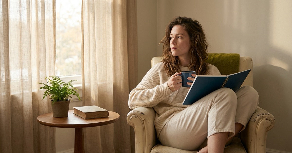Donna adulta seduta su una poltrona vintage con quaderno aperto e tazza di tè, sguardo riflessivo, simbolo della sovrapposizione tra ADHD e disturbi d'ansia nell'adulto