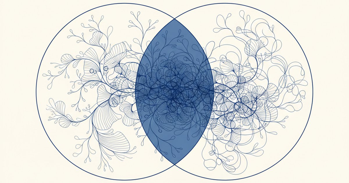 Diagramma di Venn con due cerchi sovrapposti e pattern neurali, simbolo della diagnosi differenziale tra ADHD e autismo nell'adulto