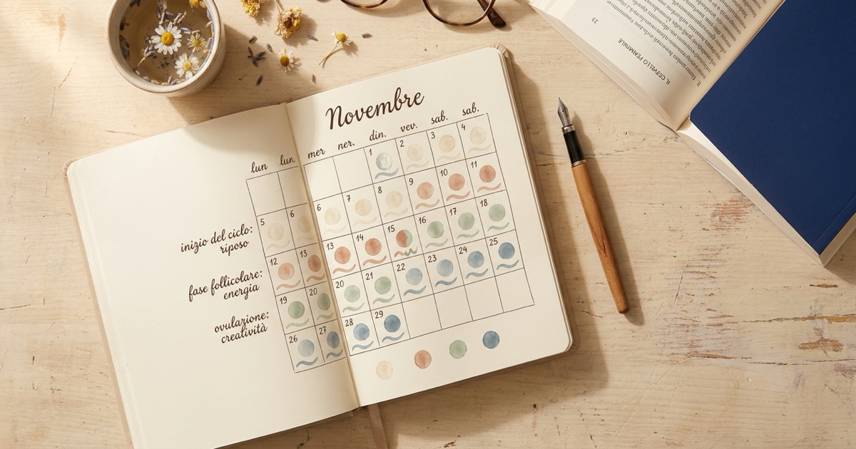 Calendario settimanale e ciclo lunare disegnati a mano su un quaderno, simbolo del legame tra ormoni e sintomi ADHD nelle donne