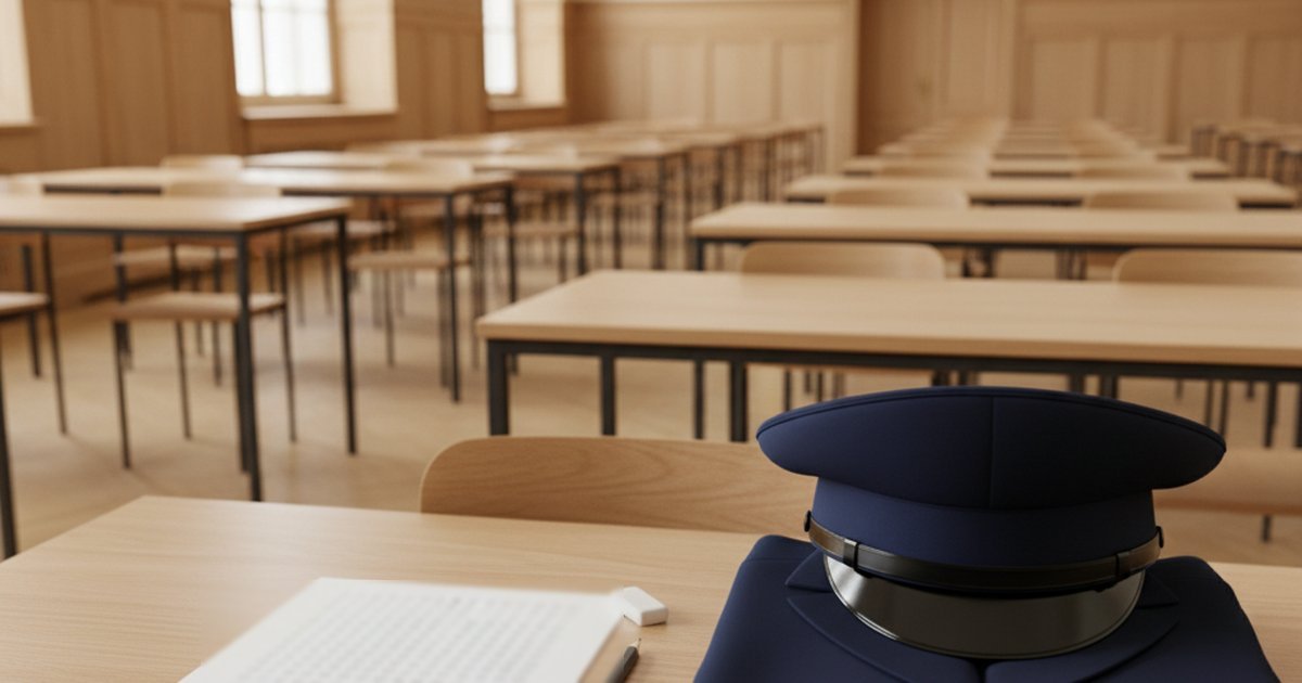 Aula d’esame vuota con file di banchi; in primo piano il foglio della prova, una penna e un berretto da divisa blu su una giacca: ADHD, concorsi pubblici e forze armate