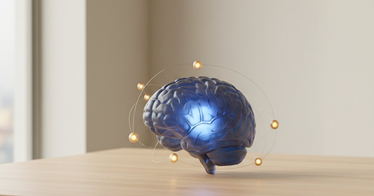 ADHD e dopamina: un cervello di vetro con una luce blu all’interno, circondato da piccole sfere dorate unite da fili sottili, su una scrivania di legno chiaro