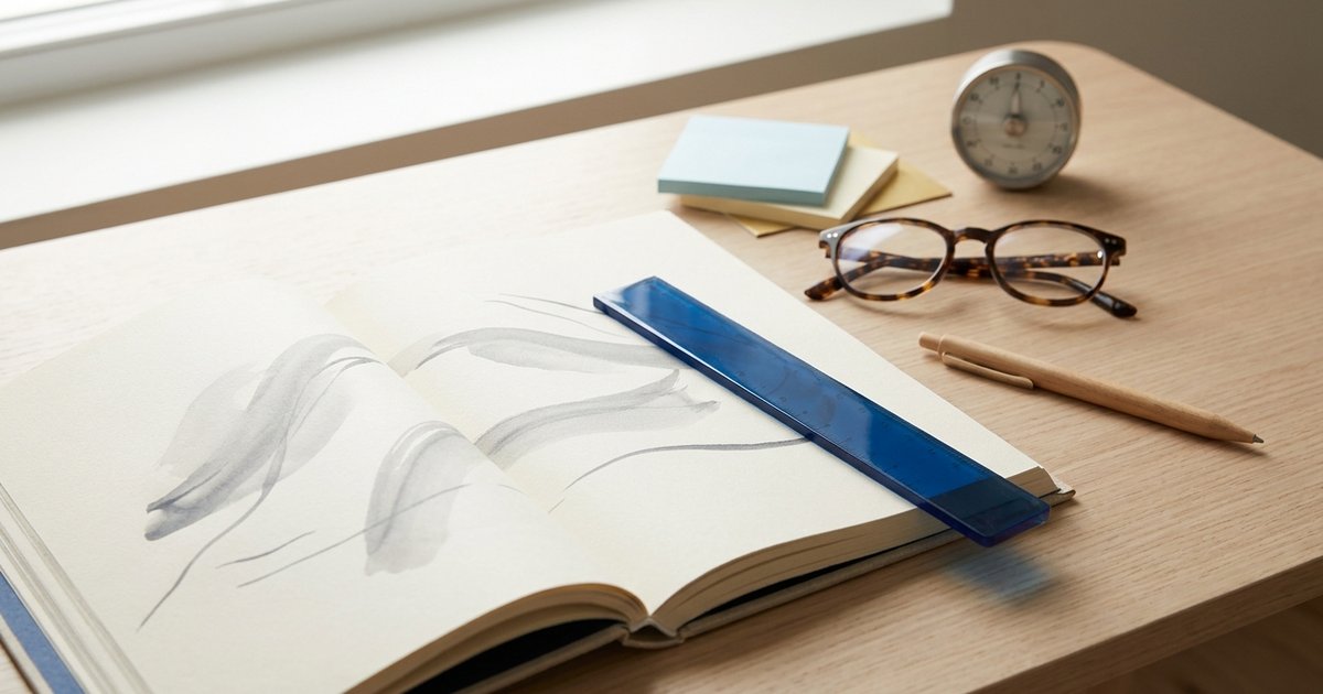 ADHD e DSA negli adulti: una scrivania con un libro aperto senza testo, una riga blu appoggiata sulla pagina come guida di lettura, occhiali, una penna, foglietti adesivi e un timer