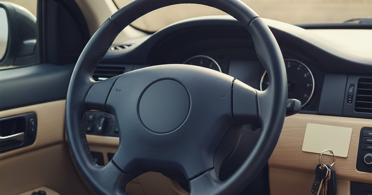 Volante visto dal posto di guida, con le chiavi dell’auto e una tessera plastificata in bianco appoggiate sul cruscotto