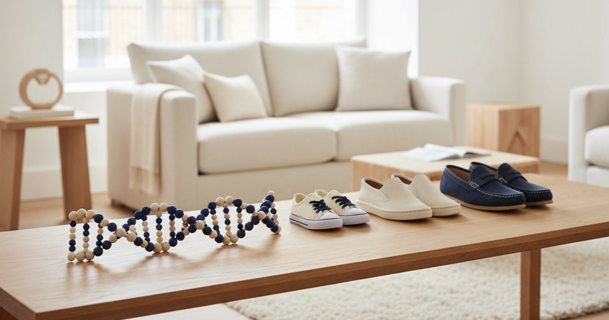 Doppia elica di DNA fatta di perline su un tavolo, accanto a tre paia di scarpe di misura crescente, da bambino ad adulto: l’ADHD è in gran parte ereditario