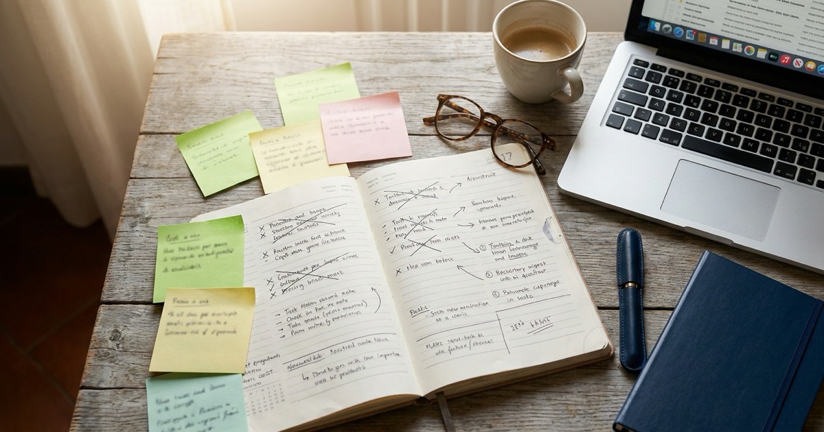 Scrivania con post-it sovrapposti e calendari aperti: la giornata caotica di chi ha deficit di funzioni esecutive nell'ADHD adulto