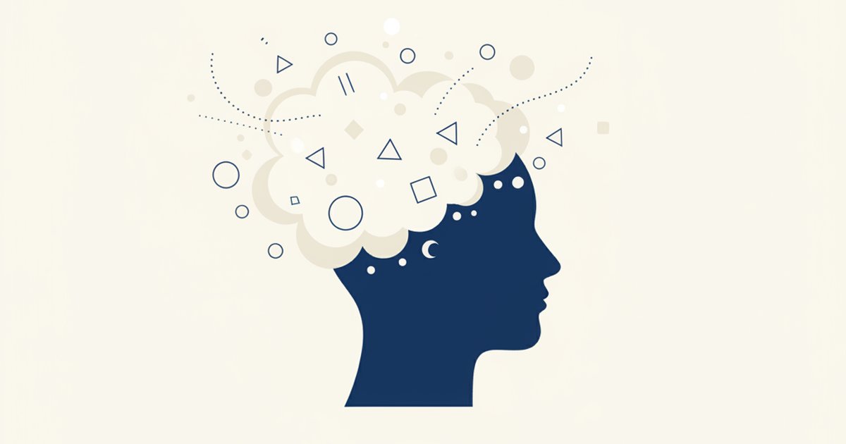 Illustrazione editoriale di un profilo umano con nuvola di pensieri sparsi che simboleggia la disattenzione tipica dell'ADHD inattentivo