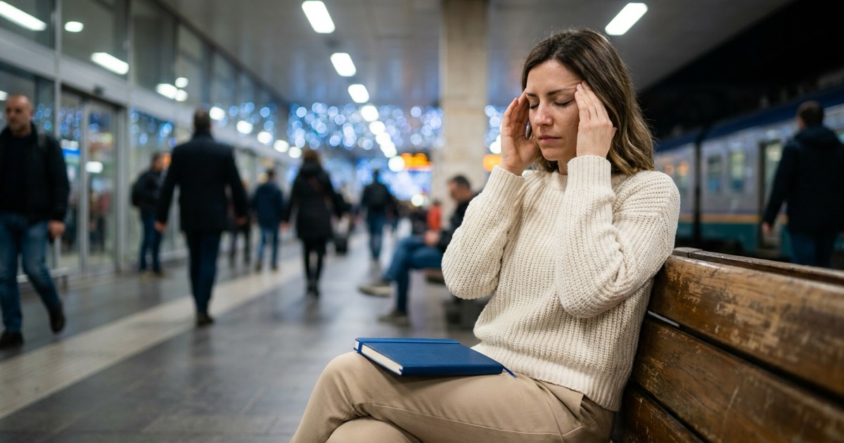 Persona adulta che si copre le orecchie in un ambiente luminoso e affollato: sovraccarico sensoriale e ADHD