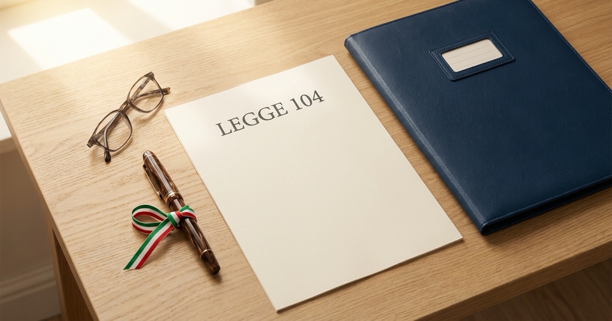 Documento ufficiale italiano e cartellina con la dicitura Legge 104, simbolo del riconoscimento dei diritti per adulti e bambini con ADHD