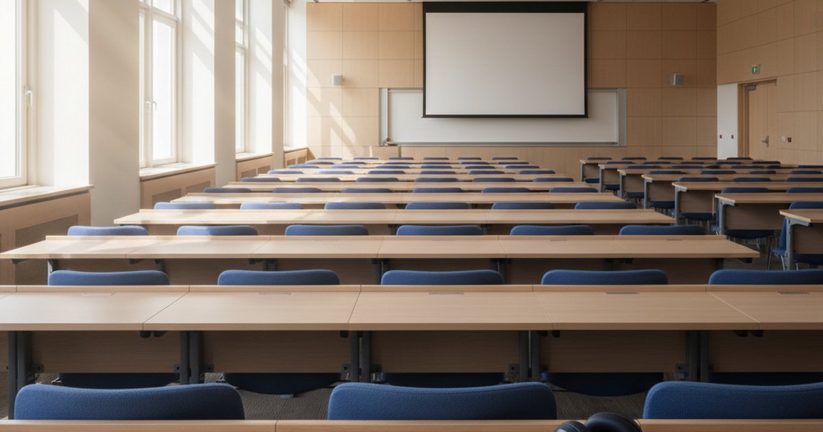 Aula universitaria vuota con banchi di legno chiaro e sedie blu, luce del mattino dalle finestre