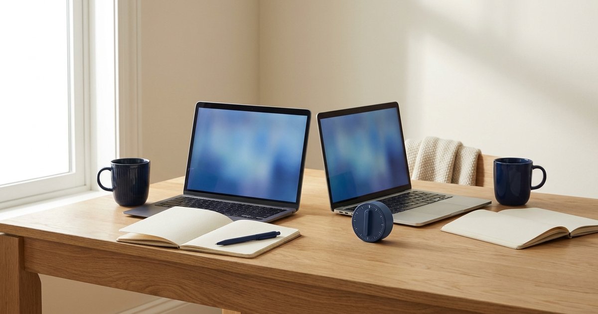 Due portatili aperti uno accanto all’altro su un tavolo di legno, con due tazze blu, due taccuini e un timer: il body doubling, lavorare insieme a qualcuno