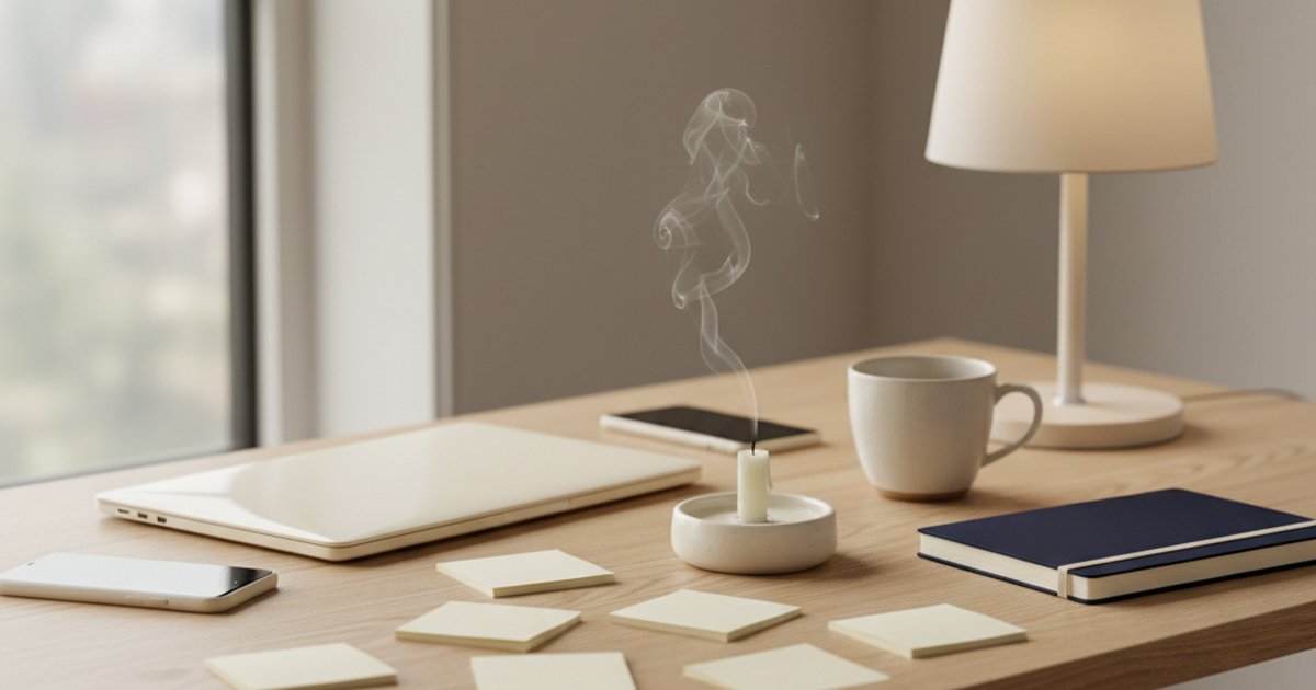Scrivania con un portatile chiuso, post-it sparsi, una tazza e una candela appena spenta da cui sale un filo di fumo: il burnout da ADHD negli adulti