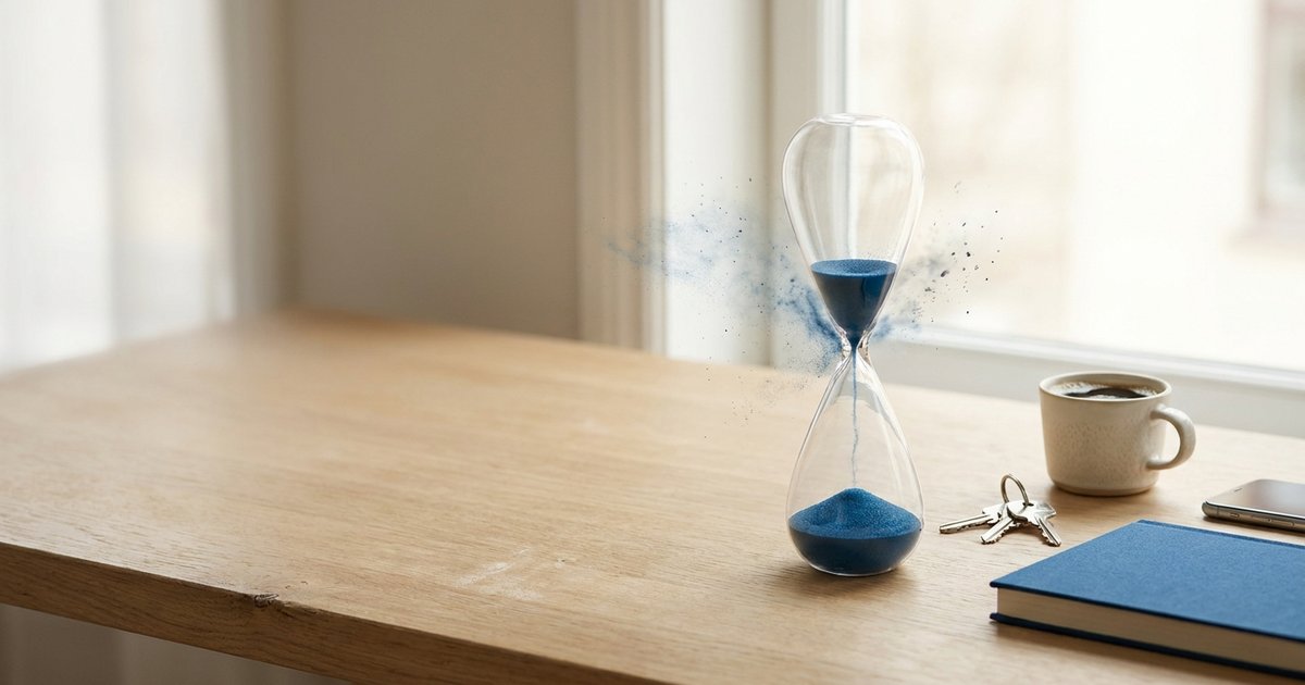 Clessidra con sabbia blu che si disperde nell’aria su una scrivania con chiavi e caffè, immagine della cecità temporale nell’ADHD