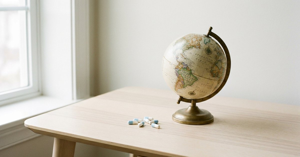 Capsule a rilascio prolungato di un nuovo farmaco per l'ADHD accanto a un mappamondo aperto sull'Atlantico fra Stati Uniti ed Europa