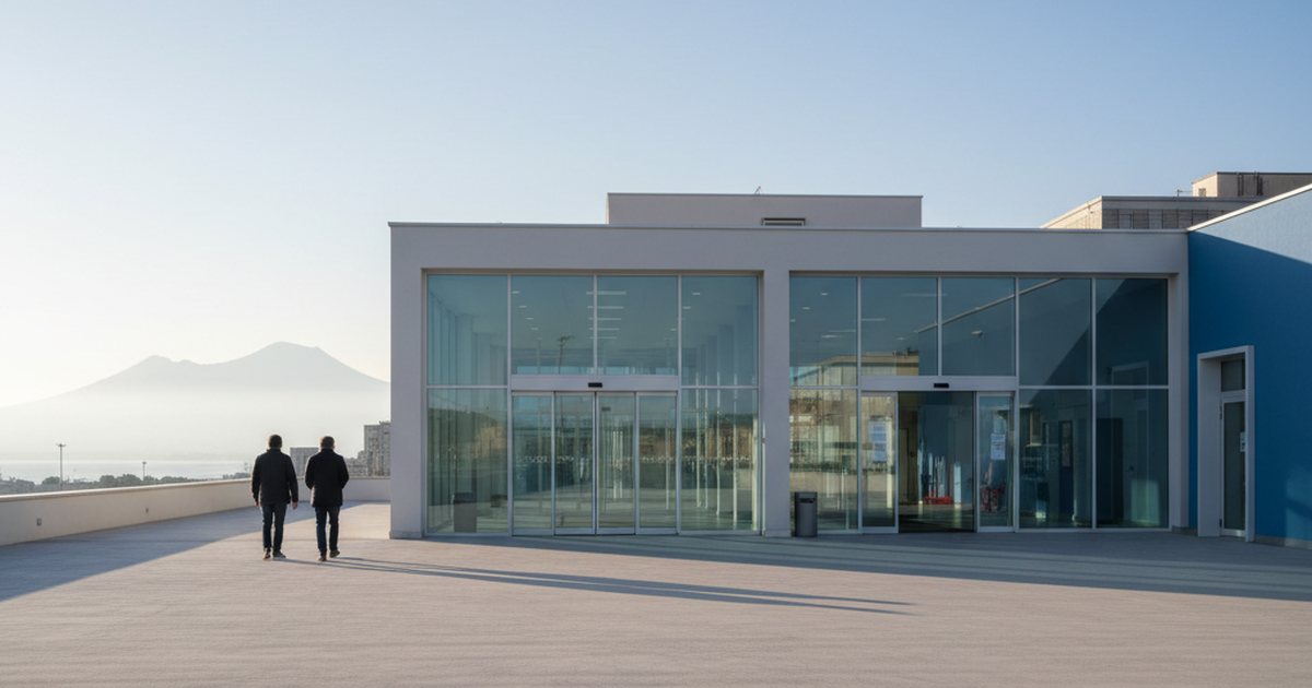 Ingresso vetrato di un presidio sanitario campano con il Vesuvio e il golfo sullo sfondo e due persone che si avvicinano