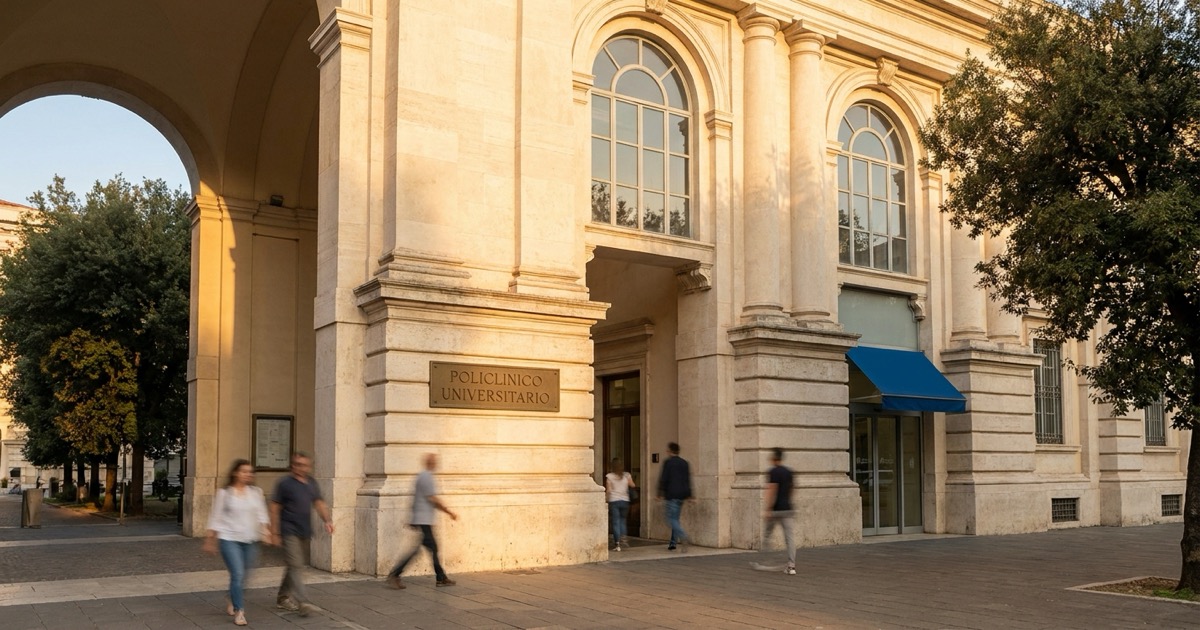 Vista frontale di un policlinico universitario italiano in stile architettonico classico con luce dorata del tramonto, simbolo dei centri di eccellenza ADHD per adulti