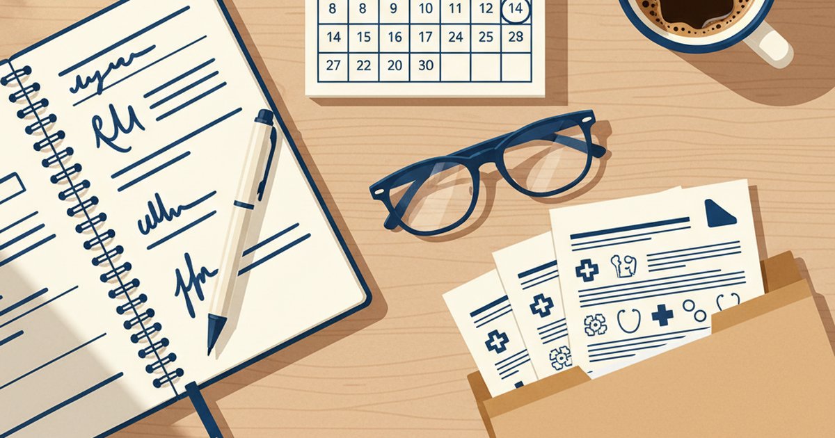 Scrivania ordinata con notebook, calendario, occhiali e cartella documenti — preparazione alla prima visita ADHD