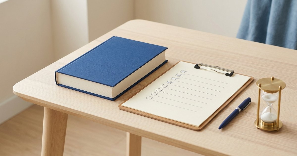 Criteri DSM-5 dell’ADHD negli adulti: un libro con copertina blu, una cartellina con una lista di controllo, una penna e una clessidra su una scrivania di legno chiaro