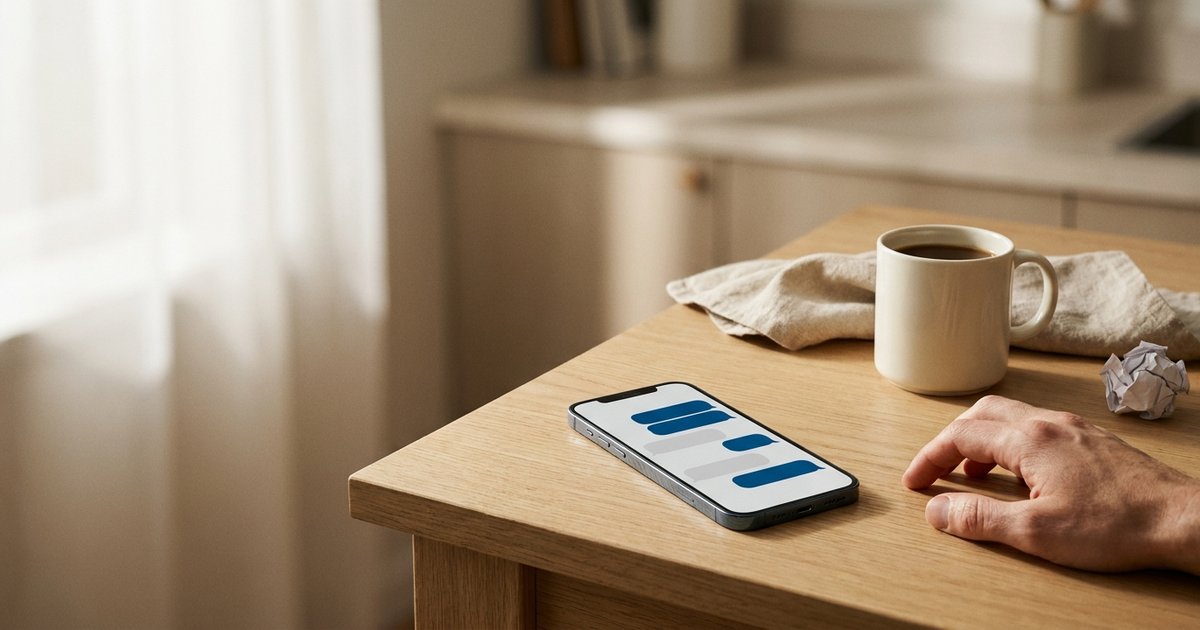 Smartphone su un tavolo di legno con una chat rimasta senza risposta, una tazza di caffè e una mano esitante accanto, simbolo della disforia sensibile al rifiuto