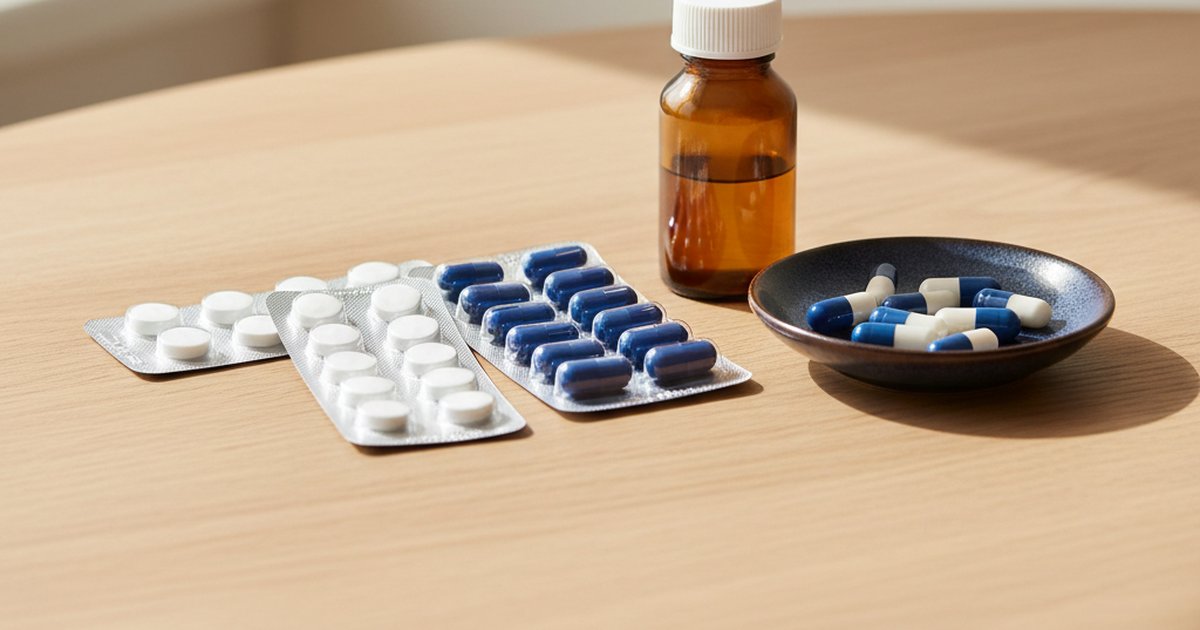 Farmaci anfetaminici in Italia: illustrazione piatta in blu e crema con blister di compresse, capsule e un flacone di medicinale su un tavolo, senza persone né testo