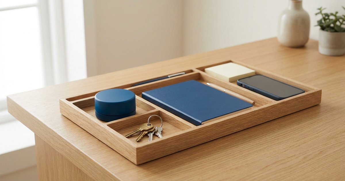 Funzioni esecutive: vassoio di legno con scomparti per timer, chiavi, taccuino, penna, foglietti e telefono su una scrivania, gli strumenti con cui si aiuta l’organizzazione quotidiana