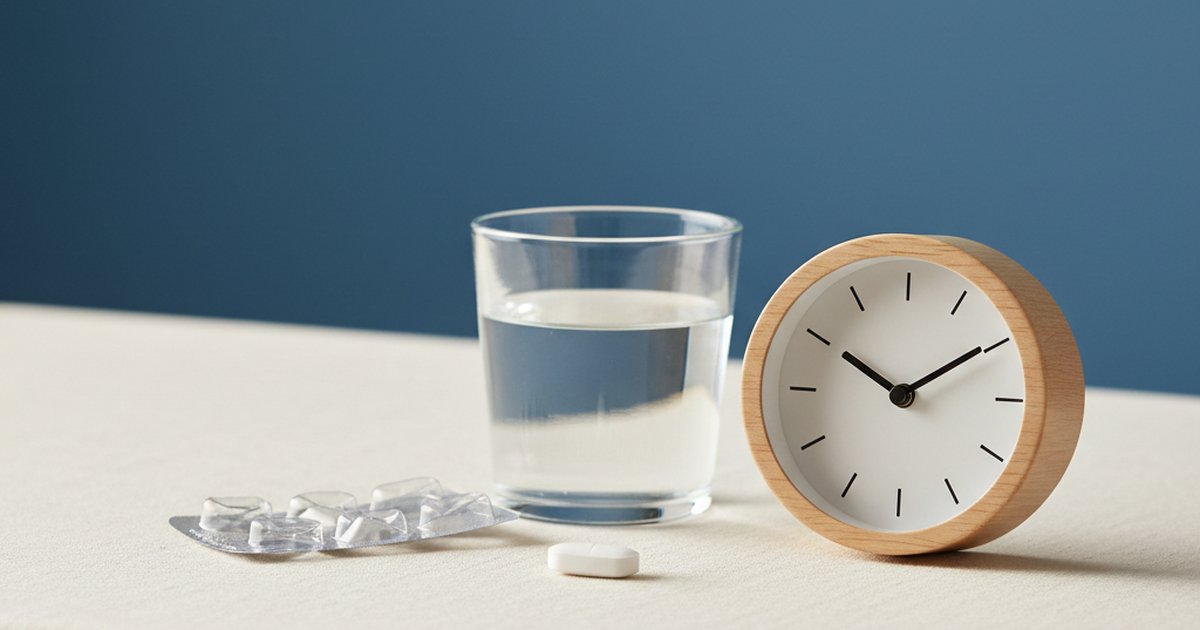 Una compressa e un blister accanto a un bicchiere d'acqua e a un piccolo orologio da tavolo in legno, su una tovaglia color crema
