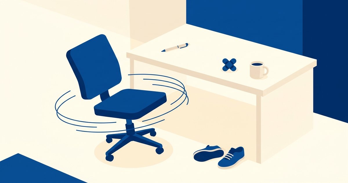 Iperattività negli adulti: una sedia da ufficio che gira ancora, appena lasciata, accanto a una scrivania con una penna, un piccolo oggetto antistress e una tazza, e scarpe da ginnastica sul pavimento