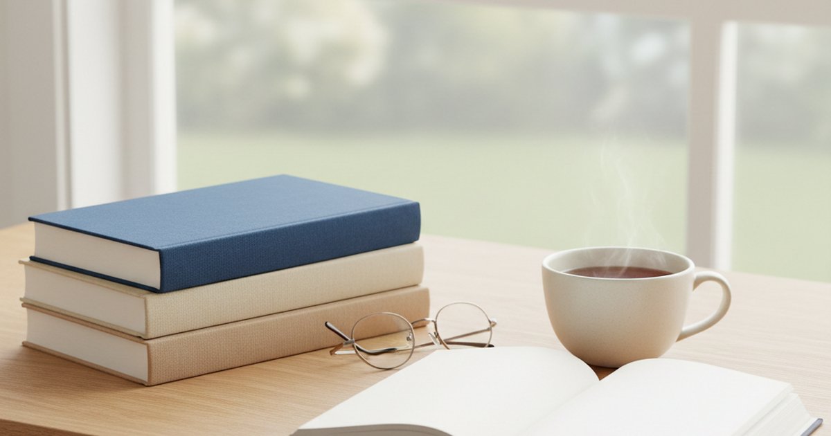 Libri sull’ADHD per adulti: una pila di tre libri blu e crema, un paio di occhiali, una tazza e un libro aperto su una scrivania di legno chiaro vicino a una finestra