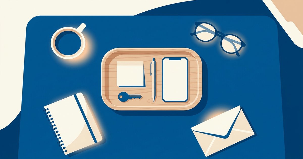 Memoria di lavoro: un piccolo vassoio di legno su una scrivania blu con dentro solo un foglietto, una penna, una chiave e un telefono, mentre tazza, occhiali, quaderno e busta restano fuori perché non c’è più spazio