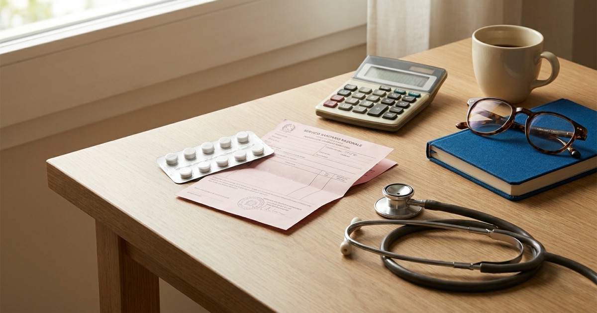 Blister di metilfenidato accanto a una ricetta medica del Servizio Sanitario Nazionale italiano e a un timbro di esenzione ticket