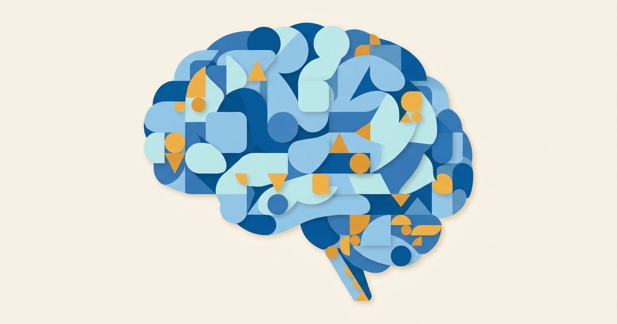 Neurodivergente significato: cervello stilizzato composto da tante forme geometriche blu, azzurre e ambra su fondo crema