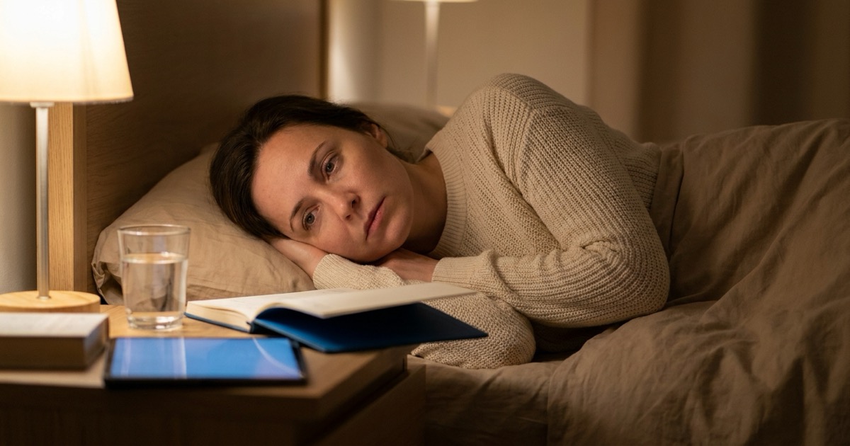 Donna adulta sdraiata a letto con gli occhi aperti nella penombra, simbolo della mente che non si spegne nell'ADHD femminile