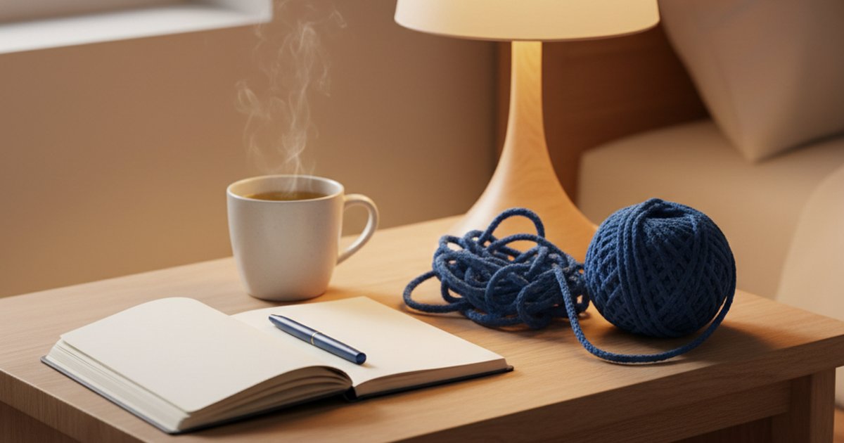 Come smettere di pensare troppo: un taccuino aperto con una penna blu, una tazza fumante e un gomitolo di lana blu, in parte aggrovigliato e in parte avvolto, su un tavolino accanto a una lampada