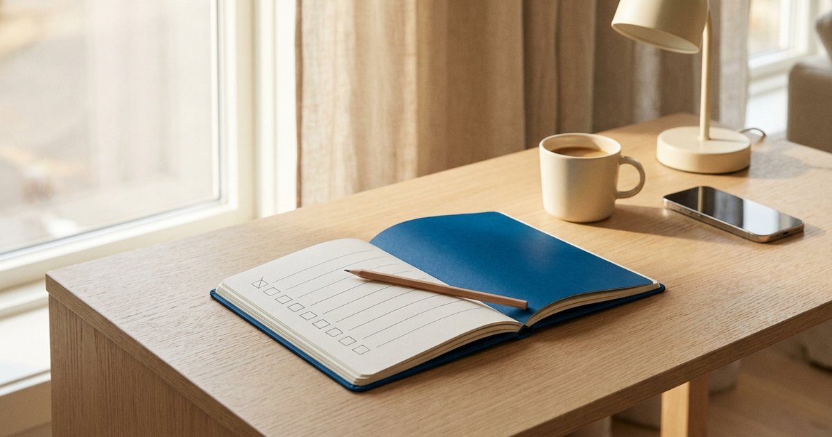 Procrastinazione: scrivania in legno chiaro con un taccuino blu aperto su una lista di caselle ancora vuote, una matita ferma, una tazza di caffè e il telefono fermo accanto