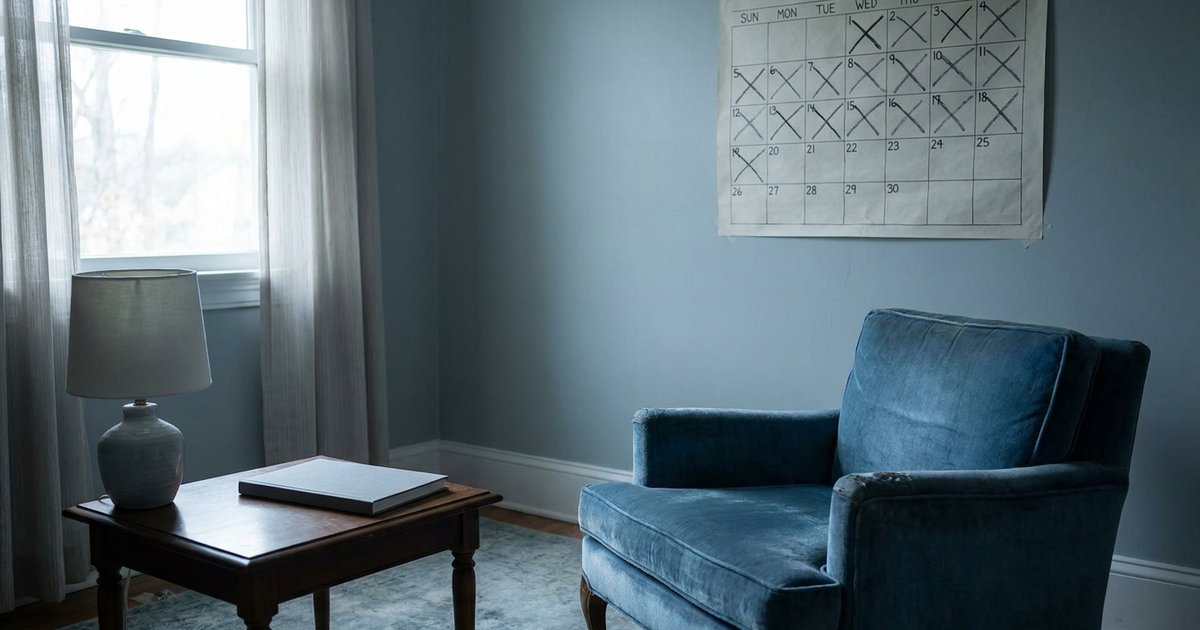 Poltrona vuota di uno studio di psicoterapia accanto a un calendario da parete con molte settimane gi&agrave; segnate