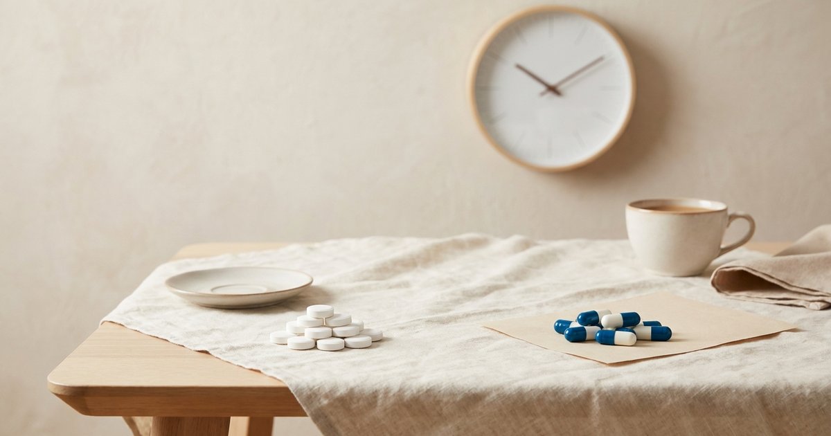 Compresse bianche e capsule bianche e blu su un tavolo di legno, con un orologio sullo sfondo: il confronto fra rilascio immediato e modificato