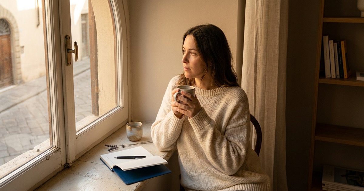 Donna adulta seduta a una finestra con sguardo introspettivo: scoprire l'ADHD da adulta e attraversare il lutto della diagnosi tardiva