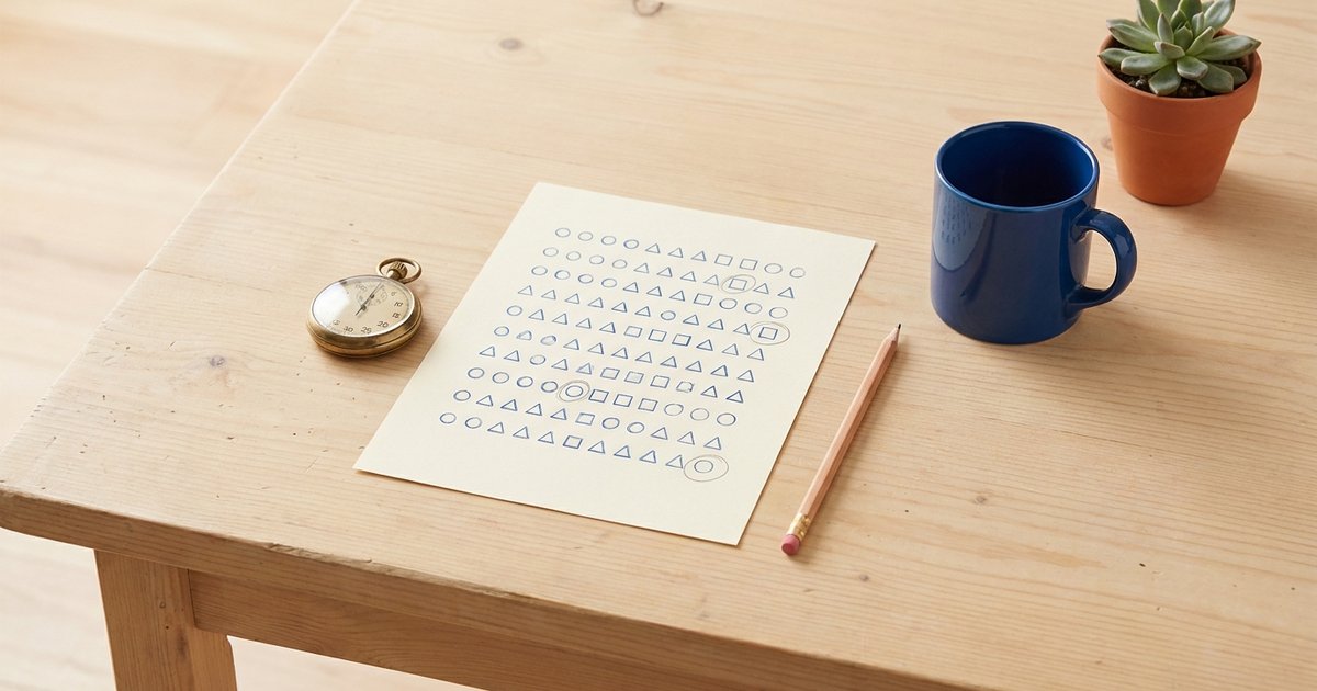 Test di attenzione e concentrazione per adulti: un foglio con righe di cerchi, triangoli e quadrati da individuare, un cronometro d’ottone, una matita e una tazza blu su un tavolo di legno chiaro