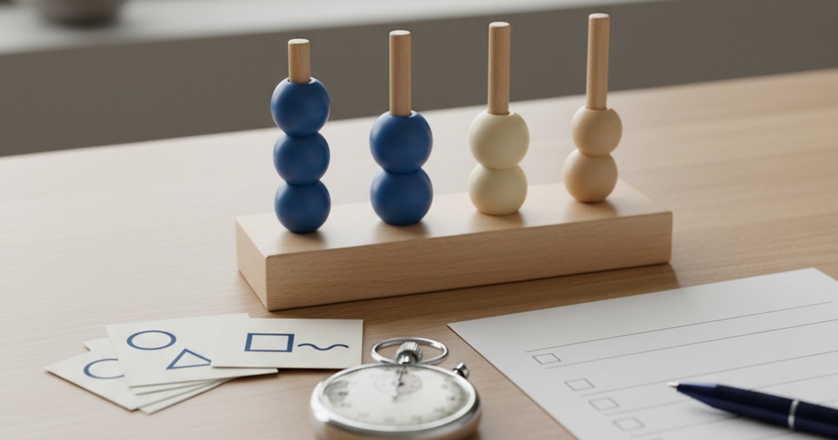 Test funzioni esecutive adulti: una torre di pioli in legno con sfere blu e crema, carte con forme geometriche, un cronometro e un foglio con caselle vuote su una scrivania di legno chiaro