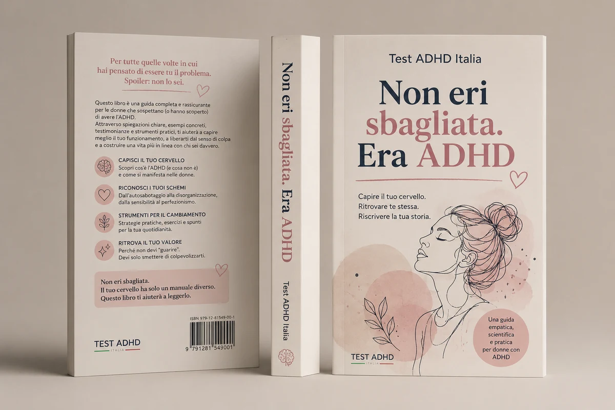Mockup 3D del libro Non eri sbagliata. Era ADHD. fronte, dorso e retro