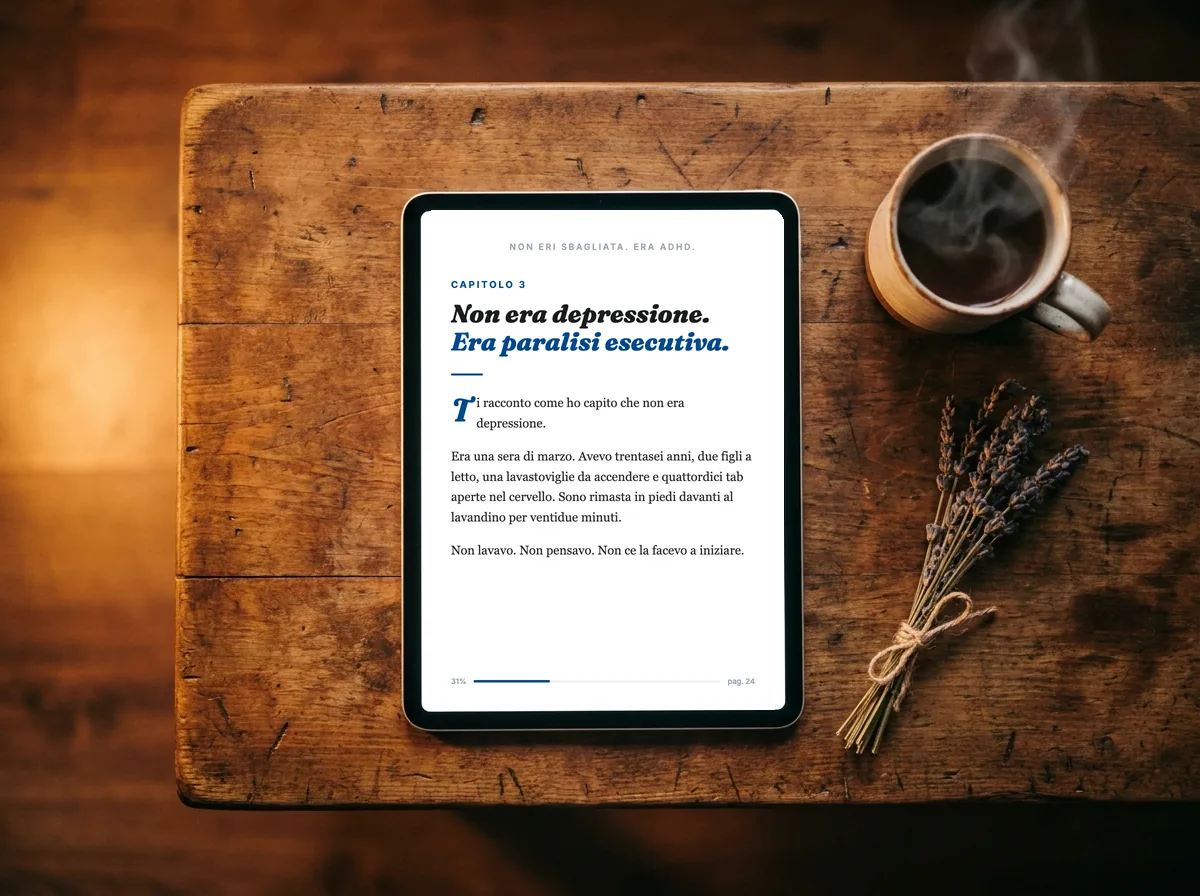 Capitolo 3 della guida Non eri sbagliata Era ADHD letto su tablet, accanto a una tisana calda