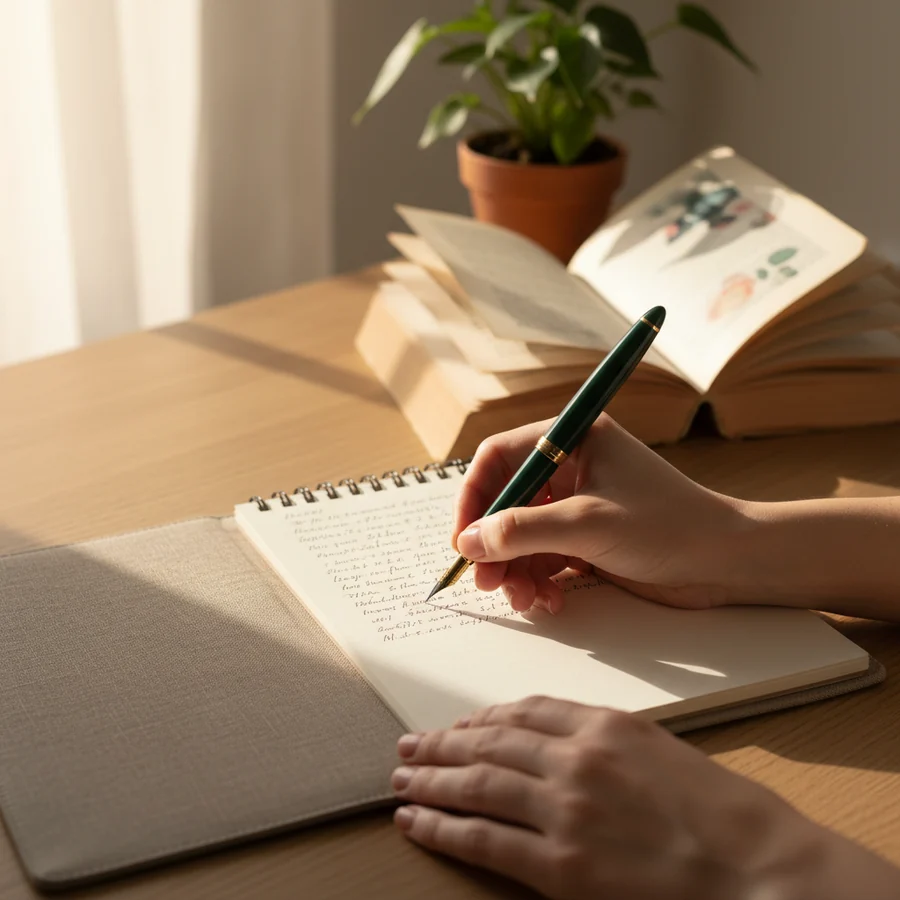 Mani che scrivono in un quaderno accanto al libro