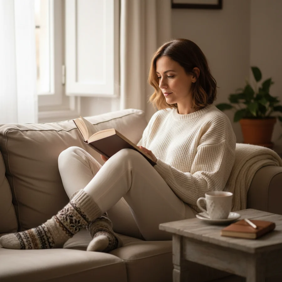 Donna che legge il libro nel suo divano